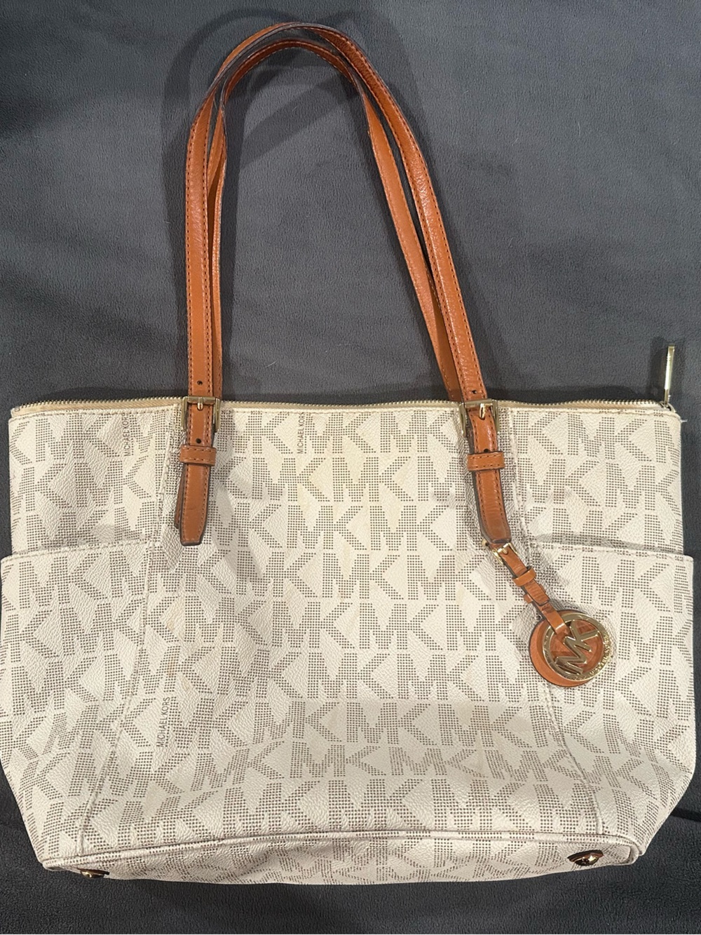 Michael Kors Cream Logo Tote with Brown Leather Straps